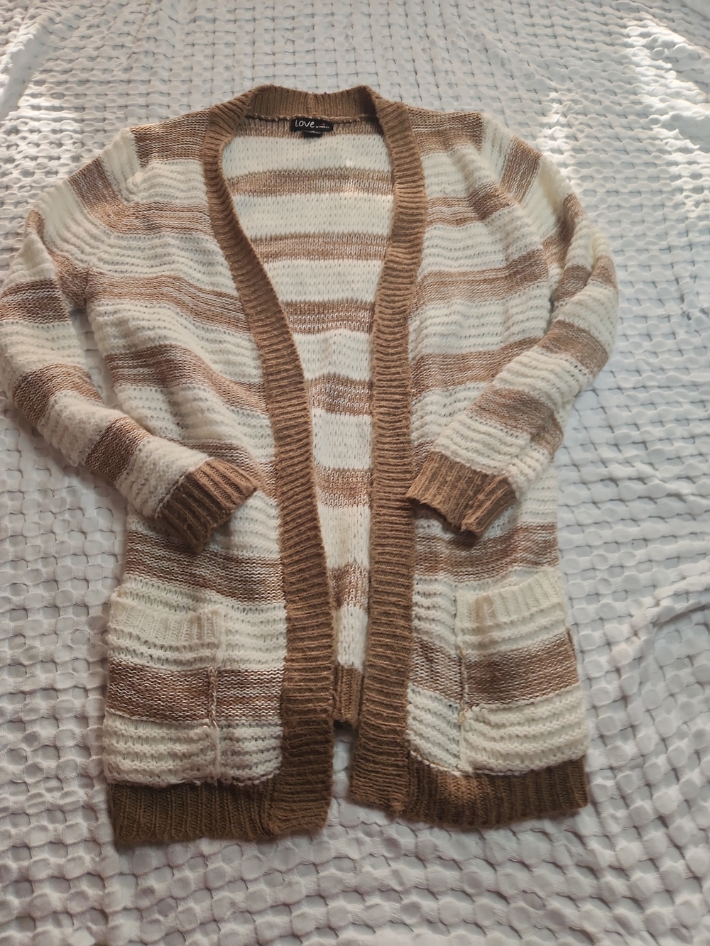 LOVE Striped Open-Front Cardigan Sweater in Cream and Brown